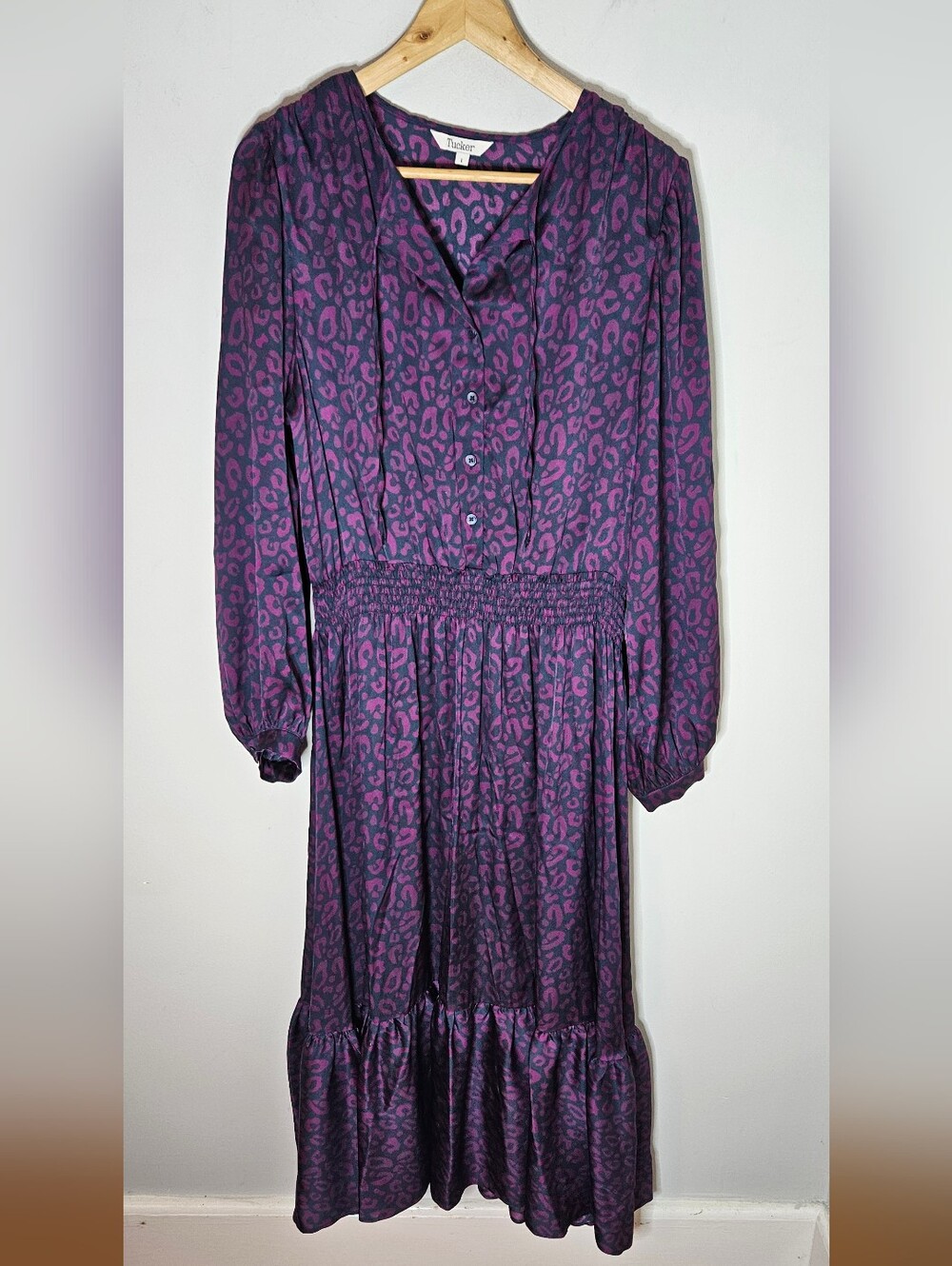 Tucker NY Juliette Dress Silk Midi Purple Blue Leopard Long Sleeve L Large
